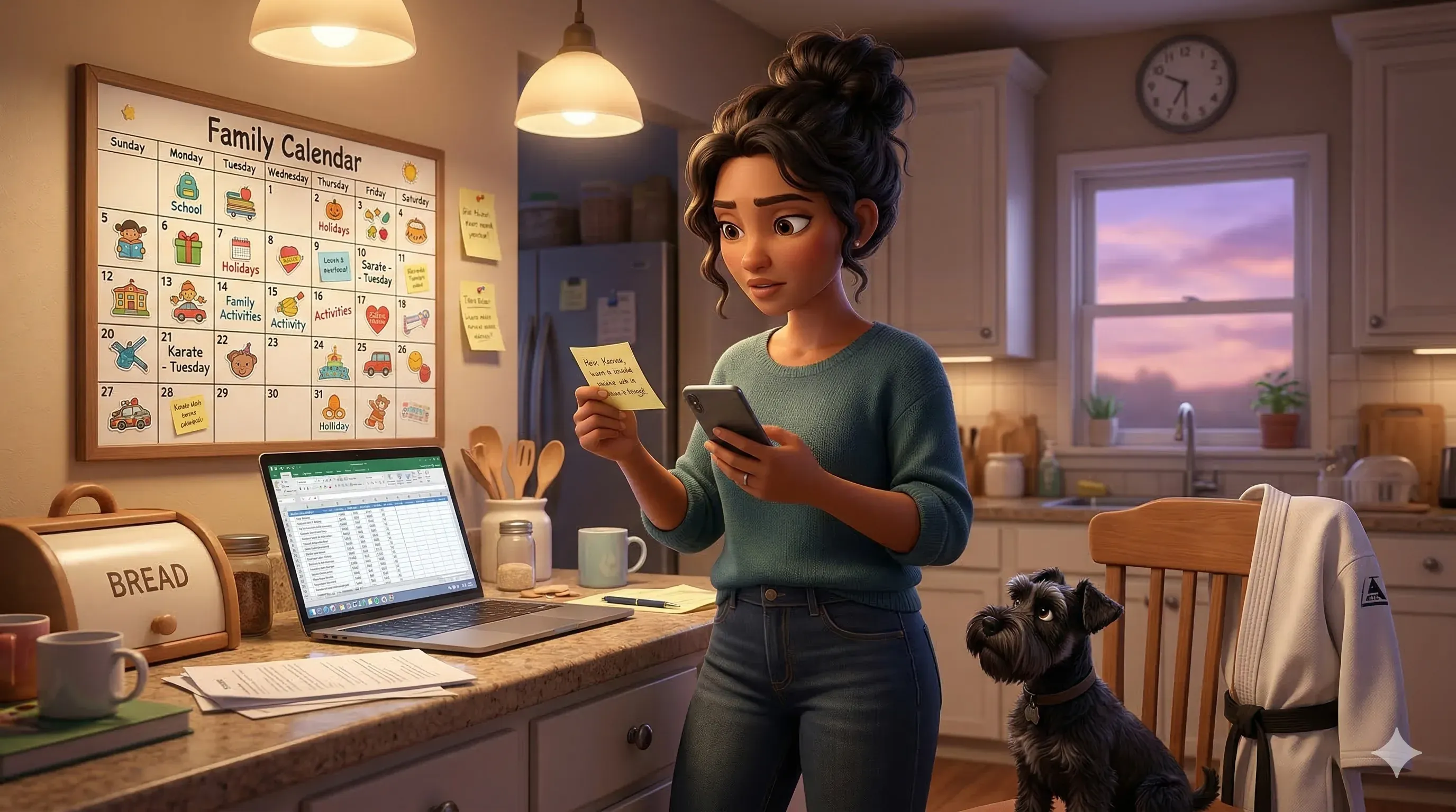 Illustration: Tala stands at a kitchen counter surrounded by a wall calendar, phone, laptop and sticky notes on a Sunday evening