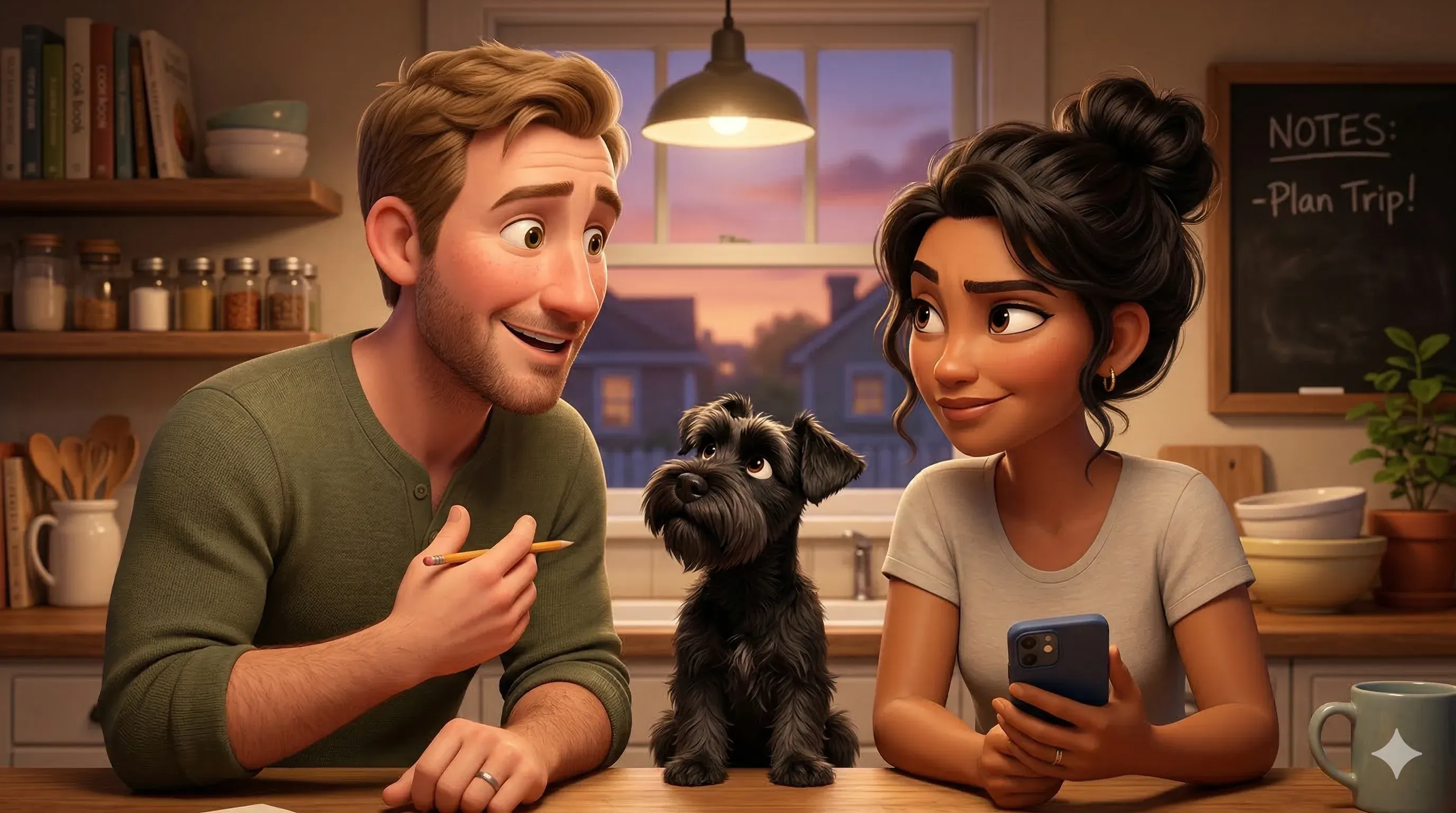Illustration: Dan and Tala in the kitchen — he's excited, she has one eyebrow raised. Their dog watches from between them