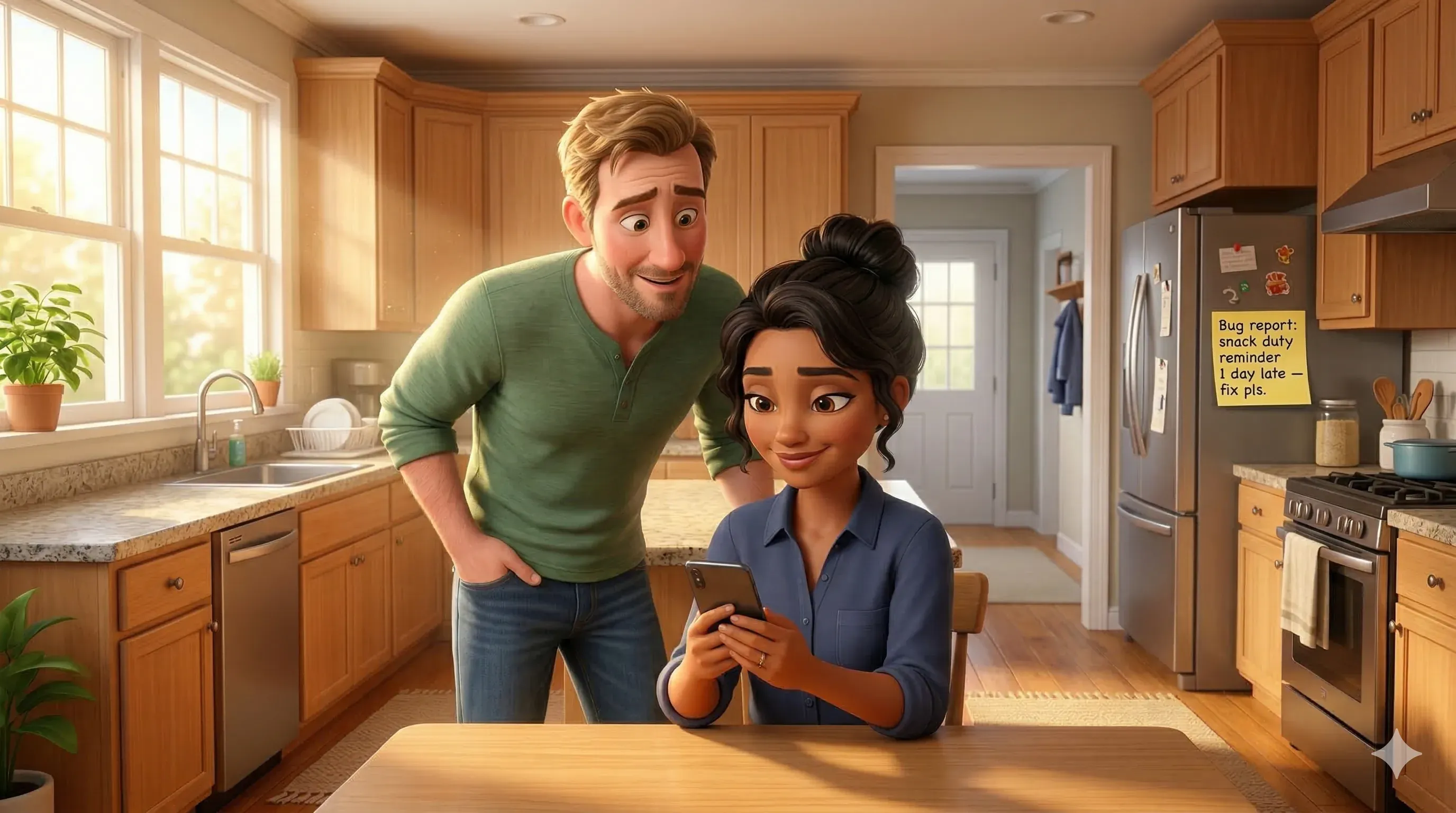 Illustration: Tala at a now-clear kitchen table, phone in hand, completely in control, while Dan looks over her shoulder